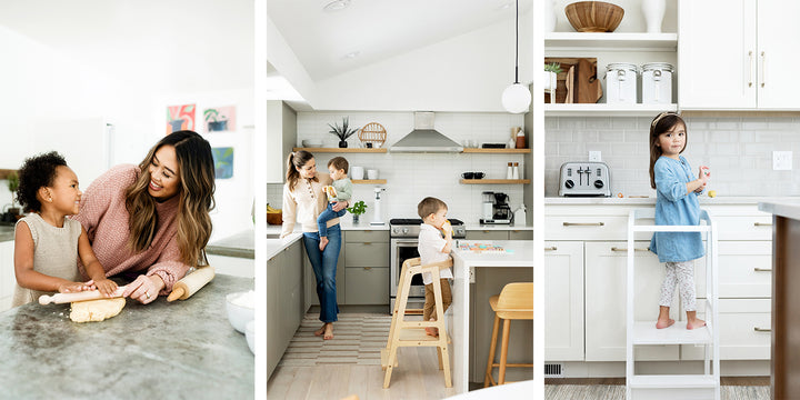 Mom preps in the kitchen with her toddler sons